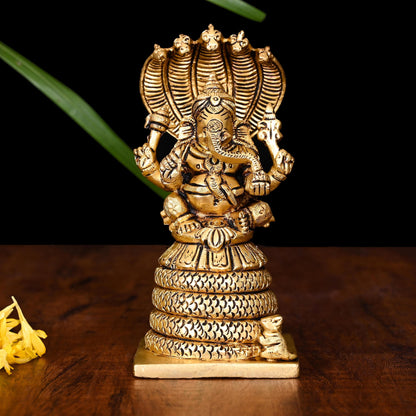 Brass Ganesha On Sheshnaag Idol (5 Inch)