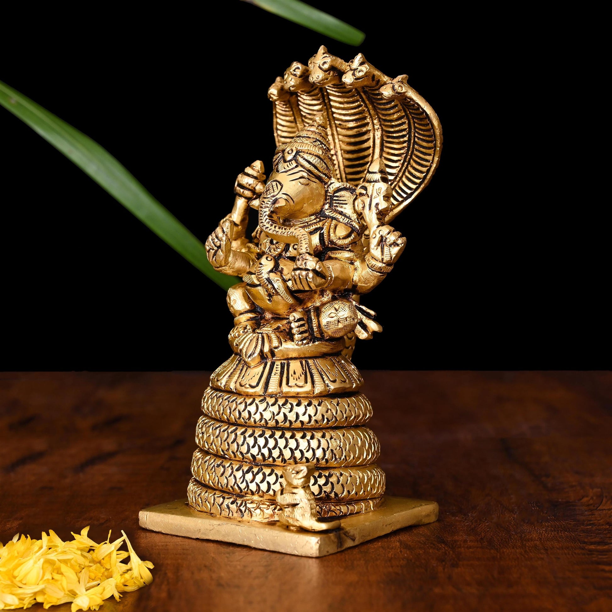 Brass Ganesha On Sheshnaag Idol (5 Inch)