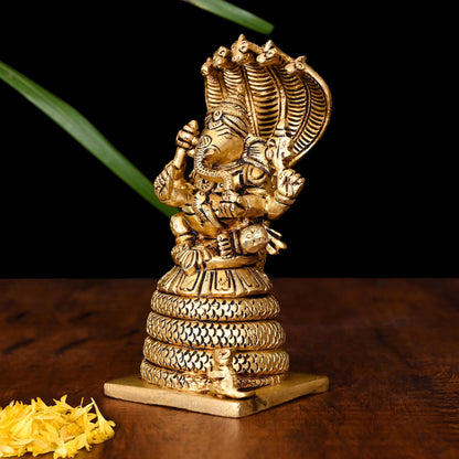 Brass Ganesha On Sheshnaag Idol (5 Inch)