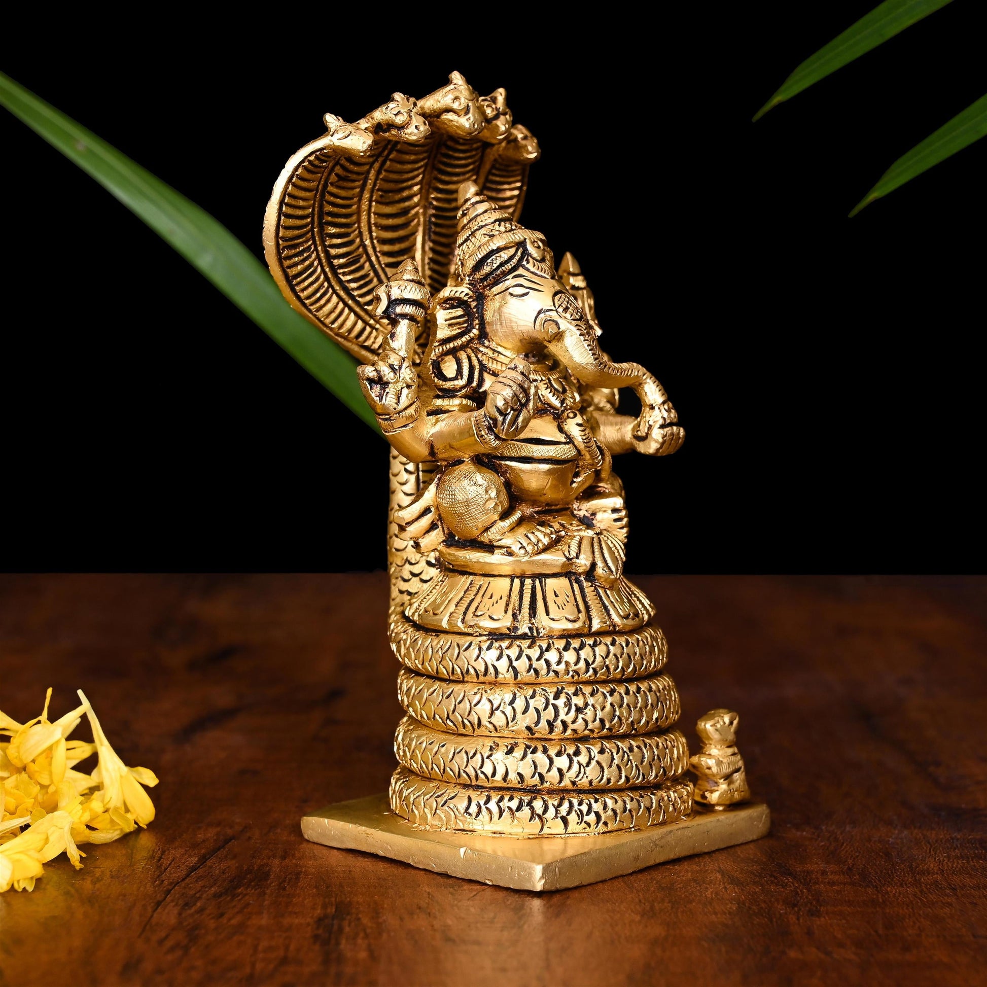 Brass Ganesha On Sheshnaag Idol (5 Inch)
