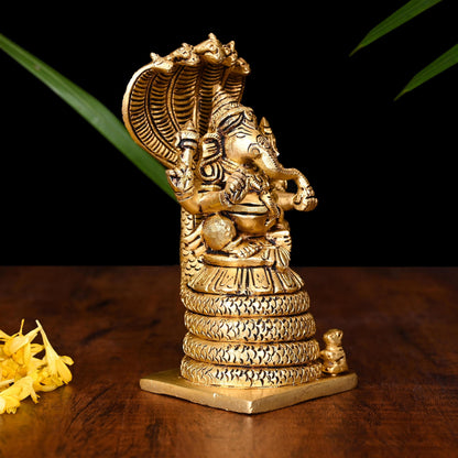 Brass Ganesha On Sheshnaag Idol (5 Inch)