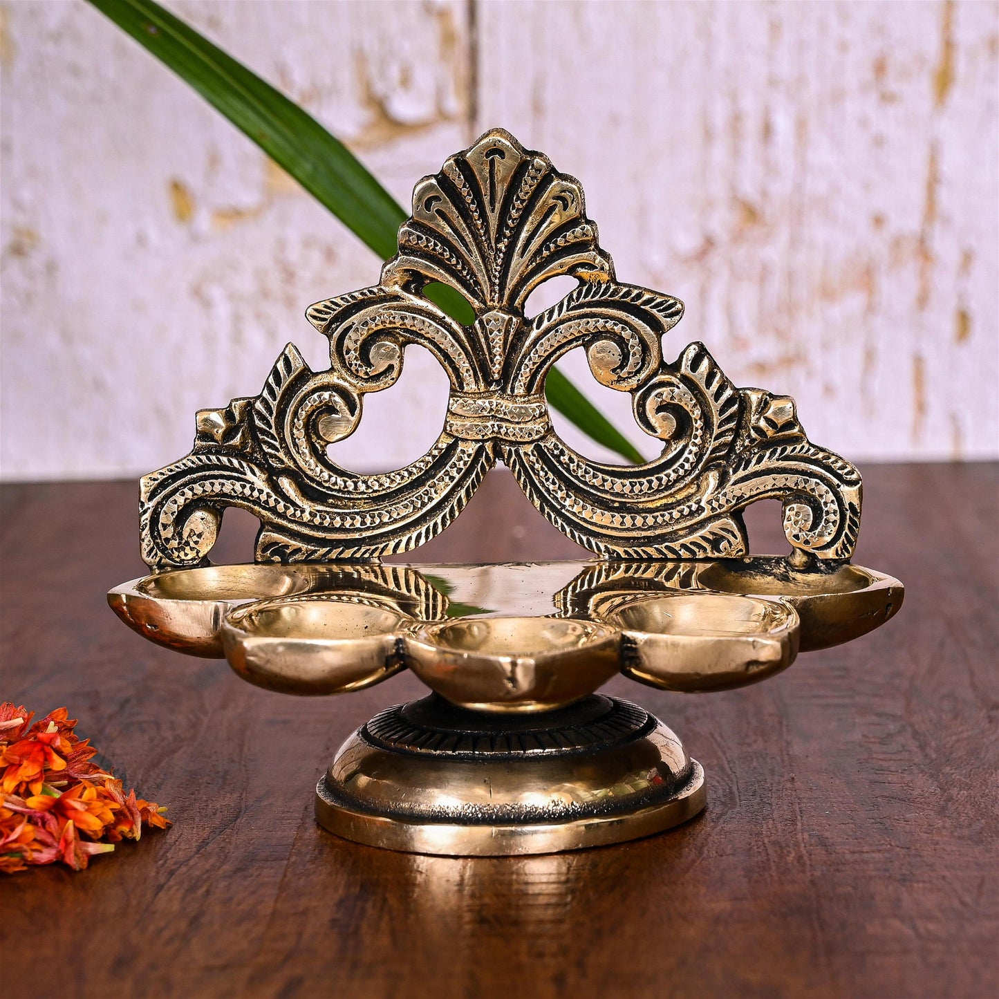 Brass Ethnic Handcarved Five Petal Diya (4 Inch)