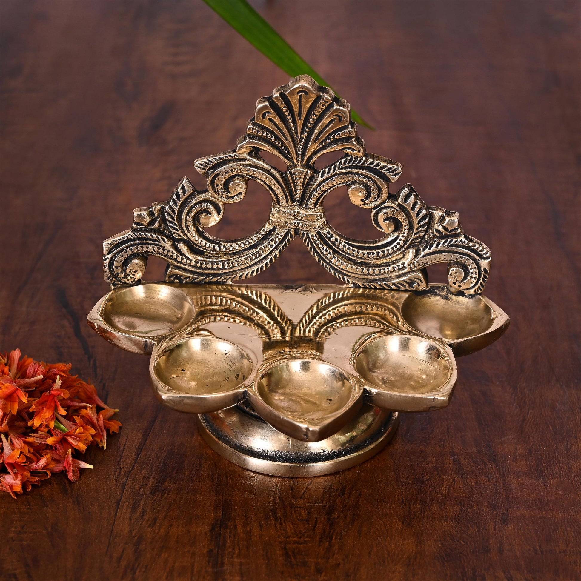 Brass Ethnic Handcarved Five Petal Diya (4 Inch)