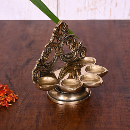 Brass Ethnic Handcarved Five Petal Diya (4 Inch)