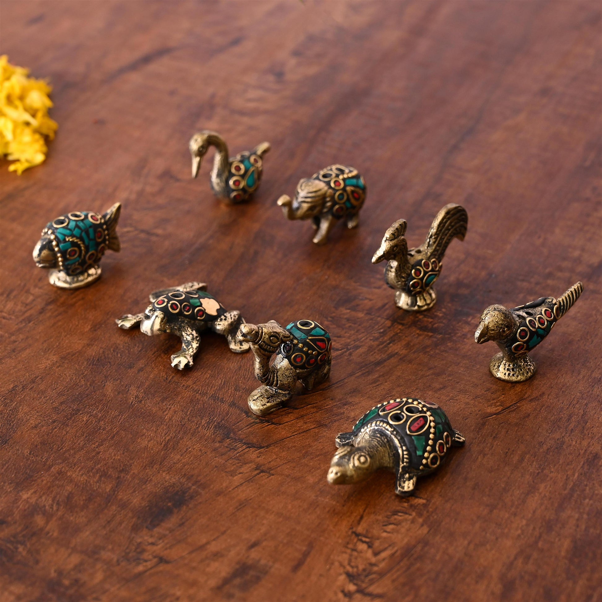 Brass Stone Work Animal Figurine Incense Holder Set