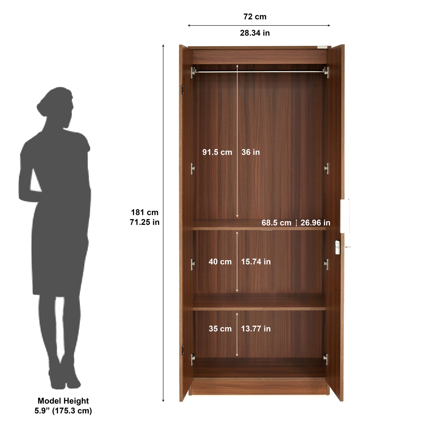 Nilkamal Joyce 2 Door Wardrobe With Mirror (Classic Walnut)