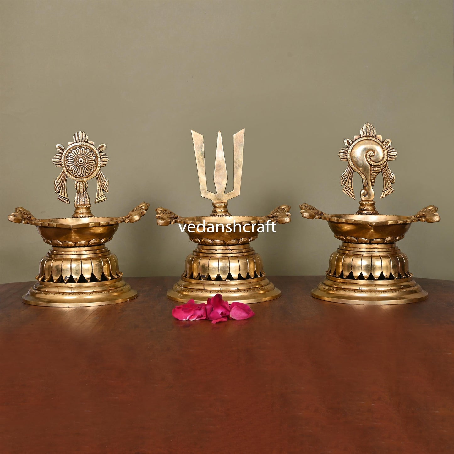 Brass Superfine Shankh Chakra And Namah Diya Set (9.5 Inch)