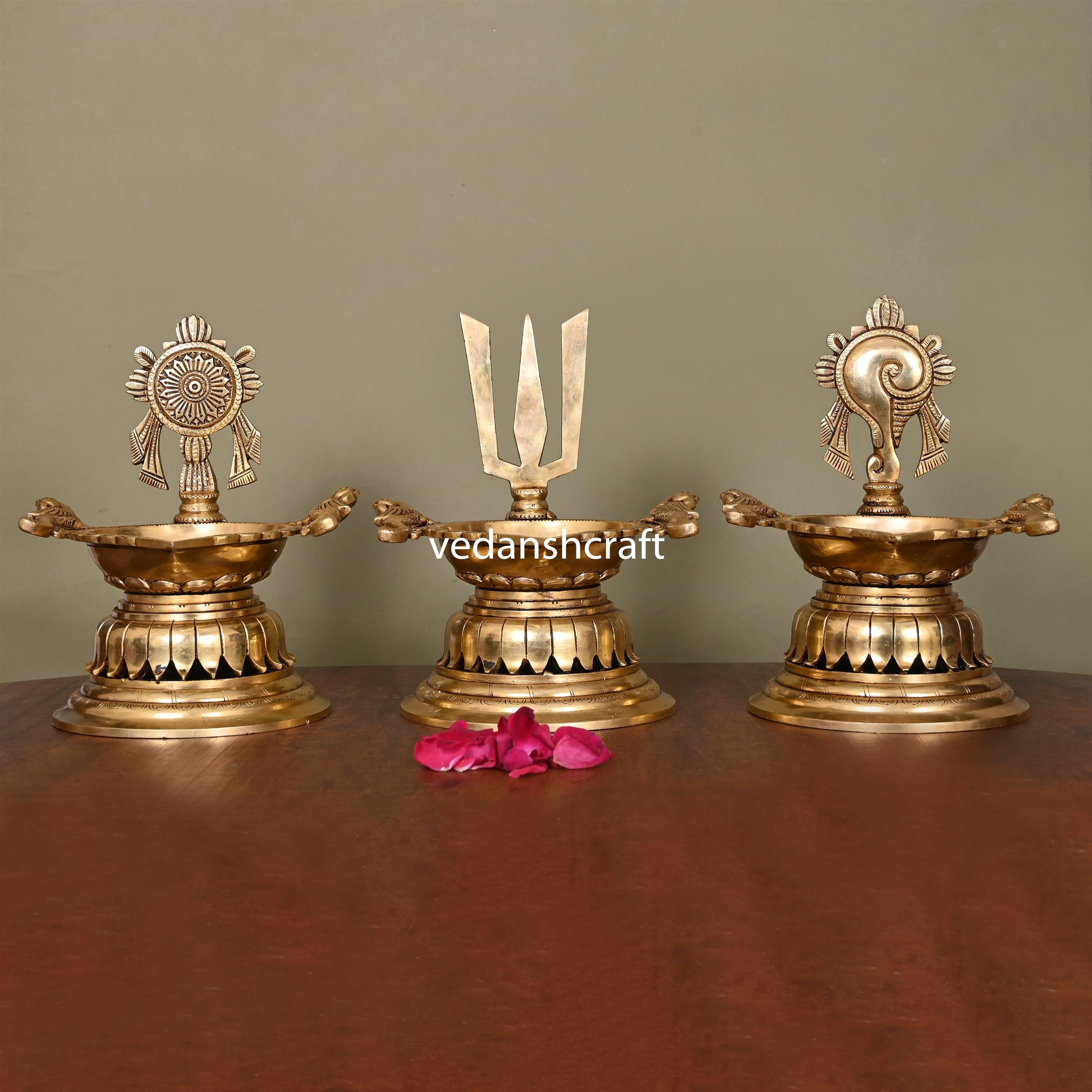 Brass Superfine Shankh Chakra And Namah Diya Set (9.5 Inch)