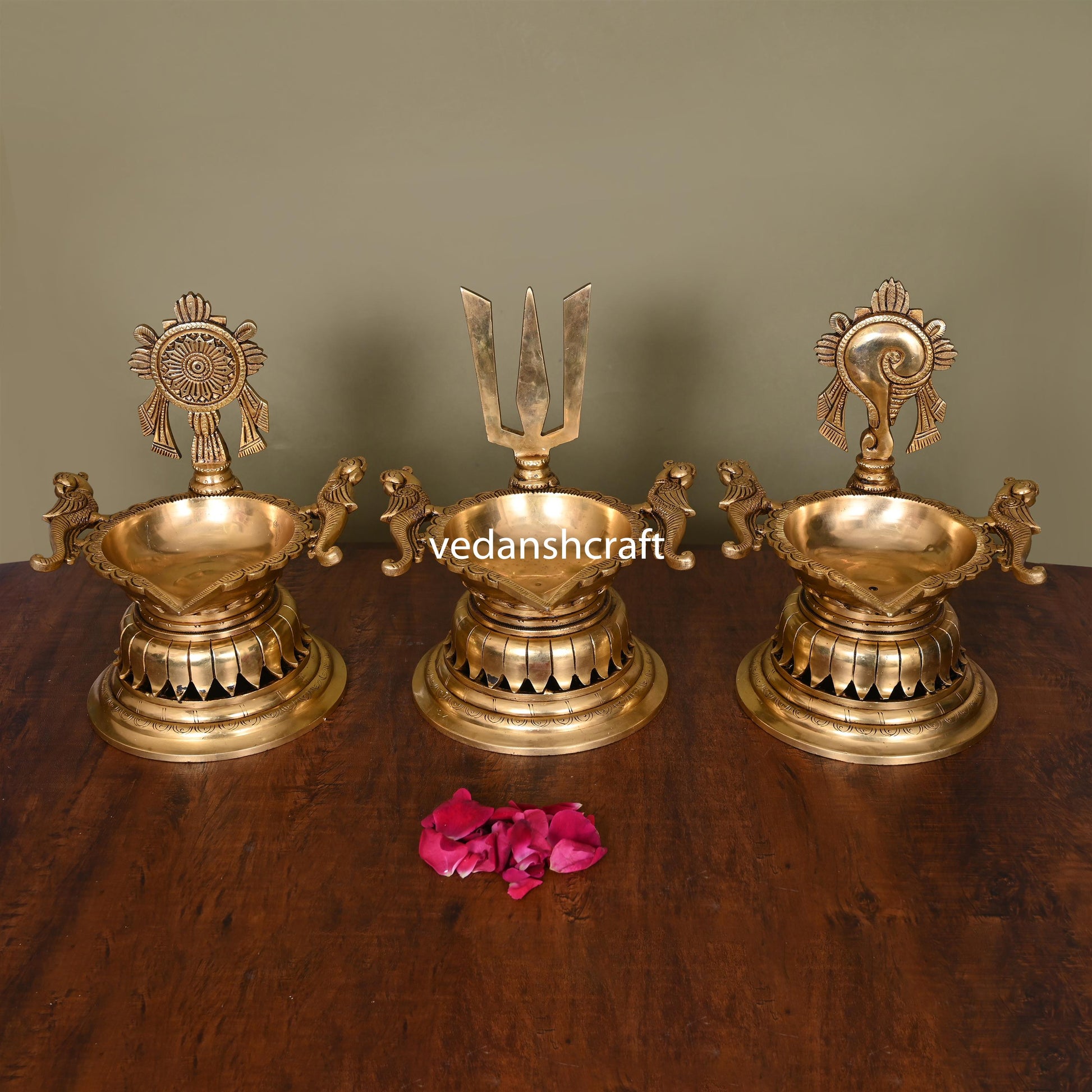 Brass Superfine Shankh Chakra And Namah Diya Set (9.5 Inch)