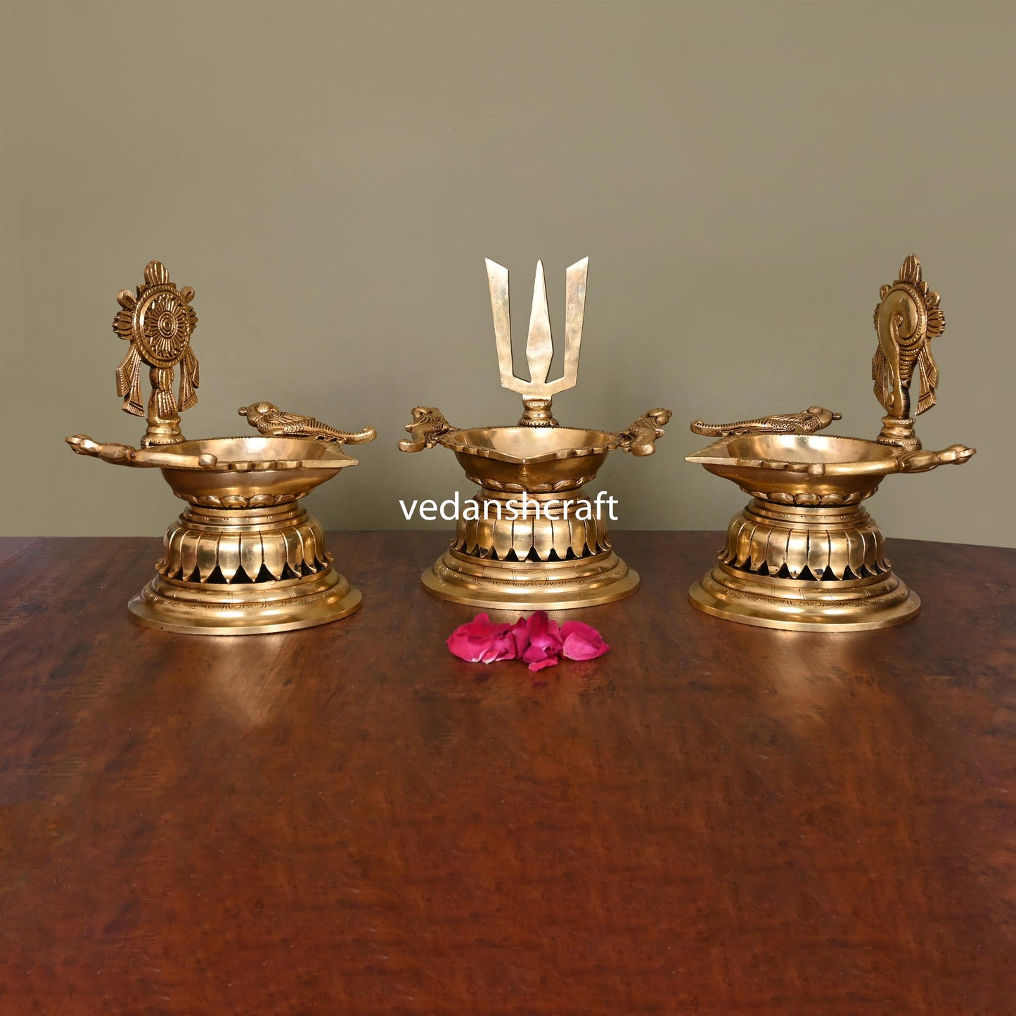Brass Superfine Shankh Chakra And Namah Diya Set (9.5 Inch)