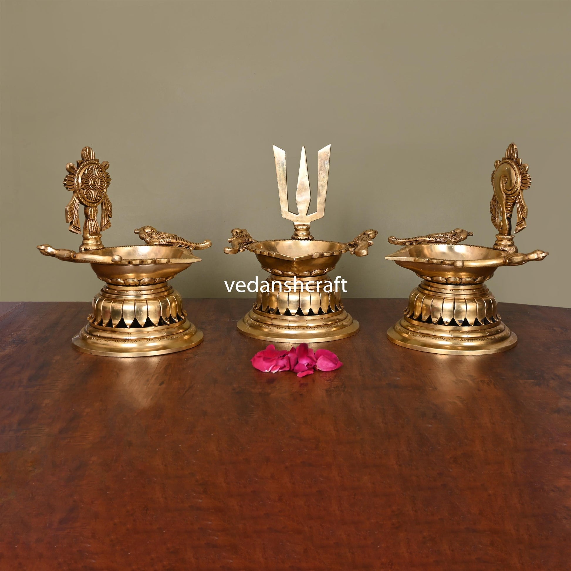 Brass Superfine Shankh Chakra And Namah Diya Set (9.5 Inch)