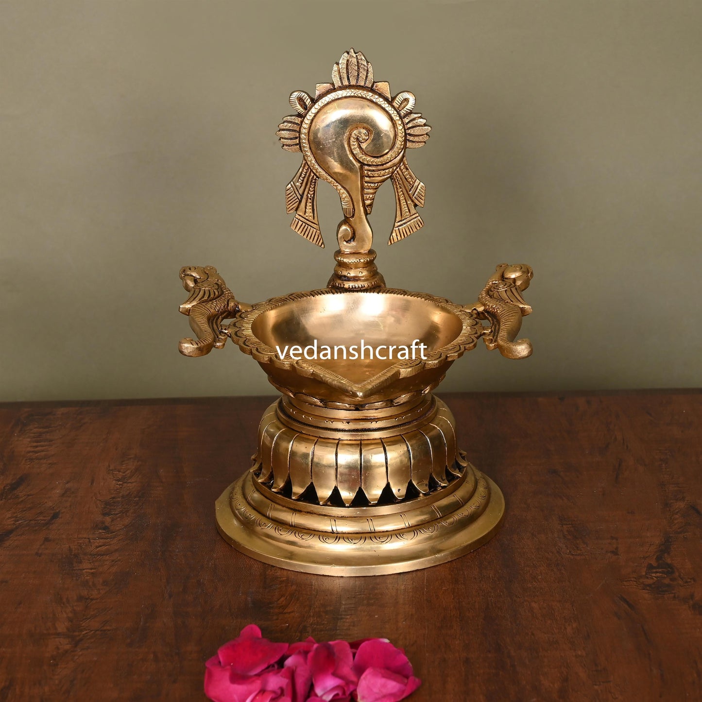 Brass Superfine Shankh Chakra And Namah Diya Set (9.5 Inch)
