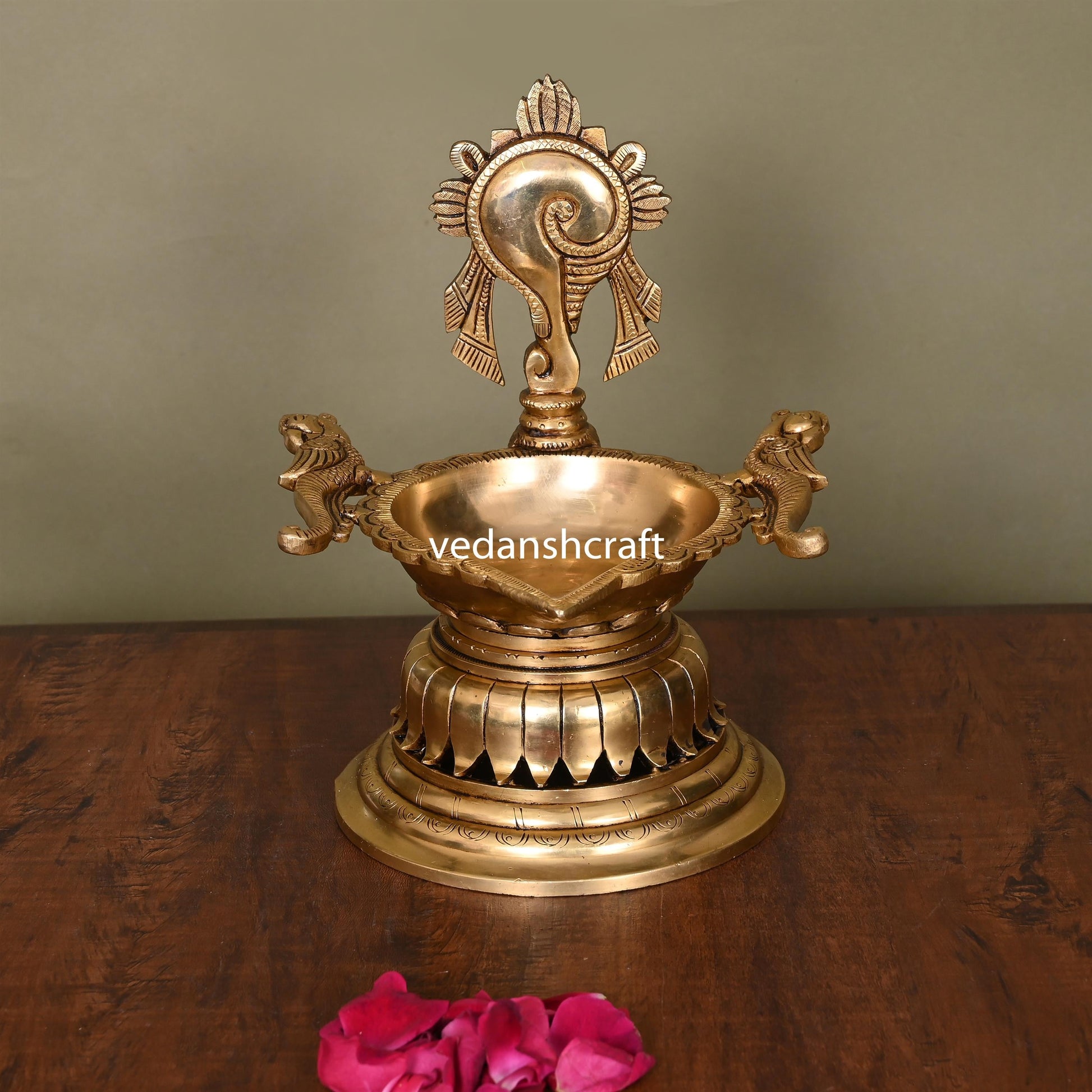 Brass Superfine Shankh Chakra And Namah Diya Set (9.5 Inch)