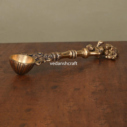 Brass Dancing Ganesha Peacock Ahuti Spoon (10 Inch)