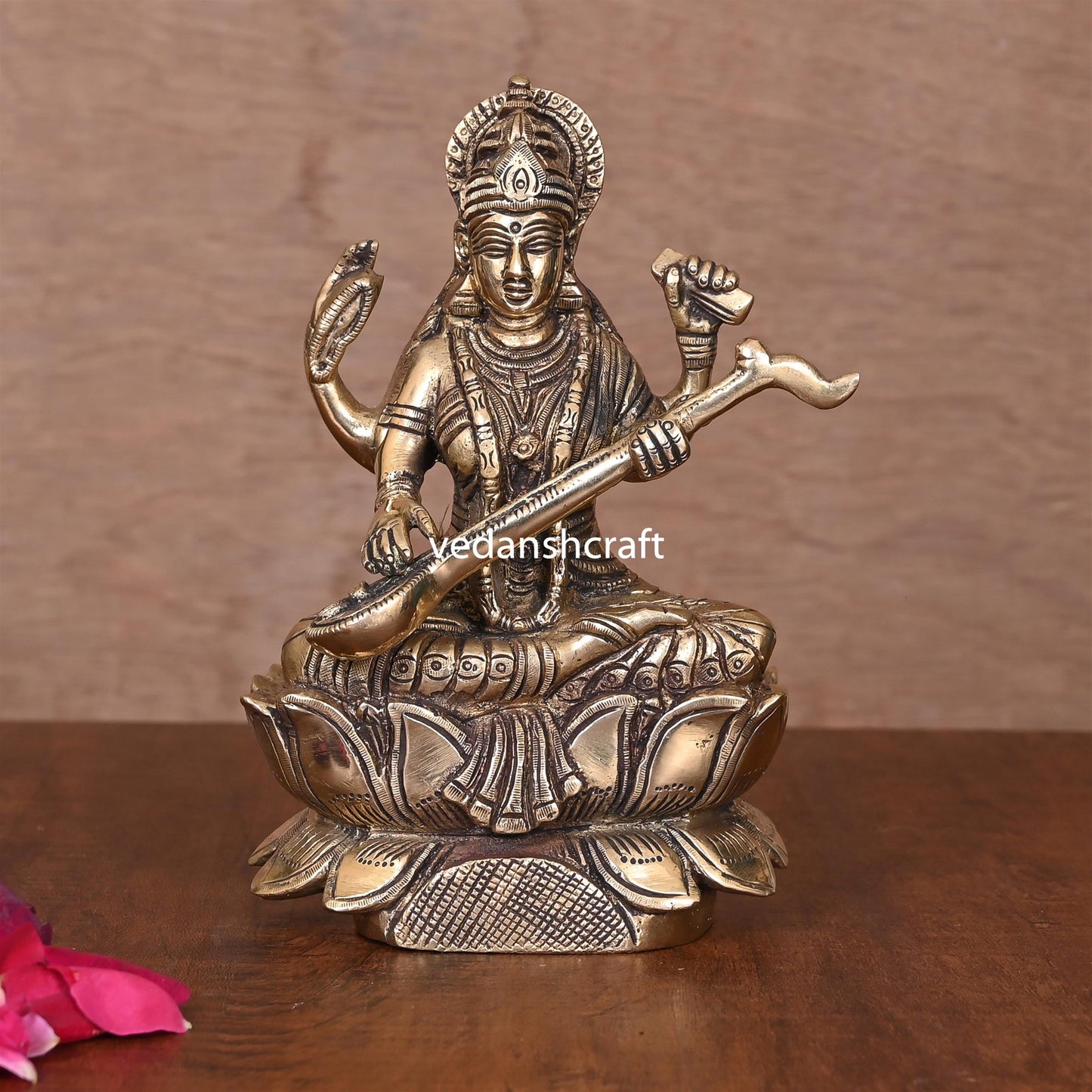 Brass Goddess Saraswati On Lotus (6.8")