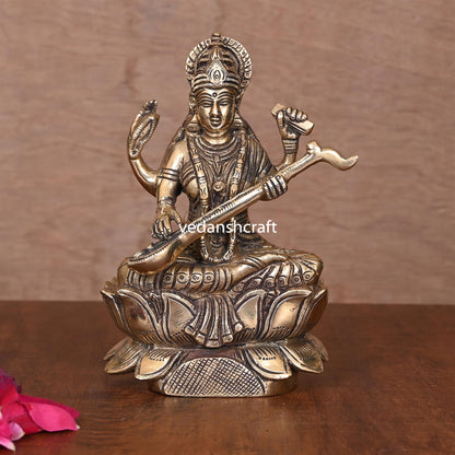 Brass Goddess Saraswati On Lotus (6.8")