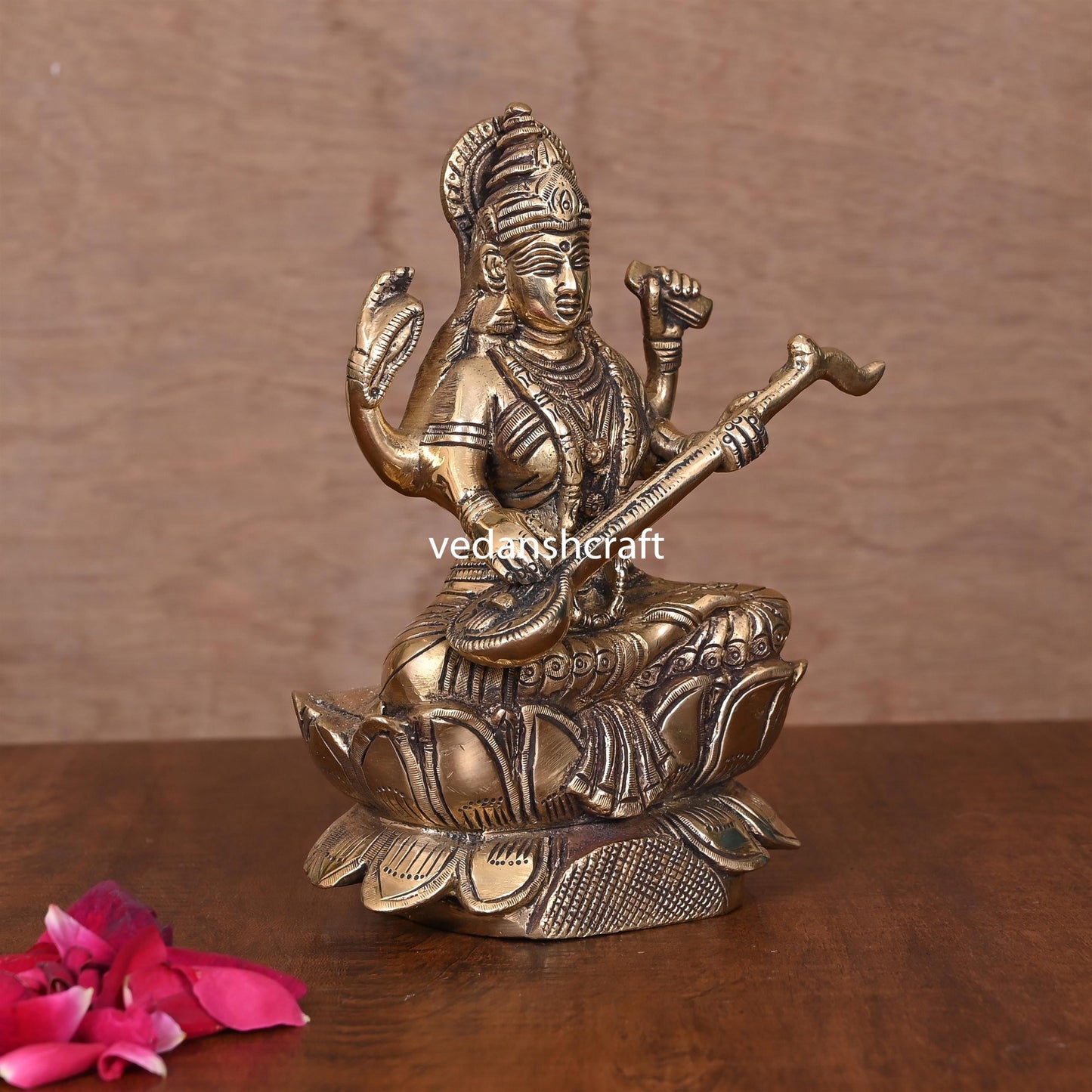 Brass Goddess Saraswati On Lotus (6.8")