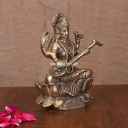 Brass Goddess Saraswati On Lotus (6.8")