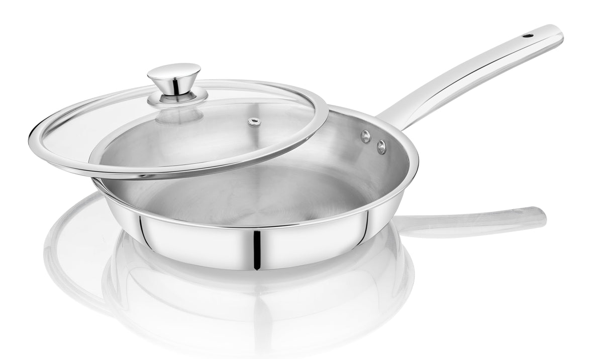 Praylady Triplus+ Tri-ply Frypan With Glass Lid | Compatible with Gas Stove, Induction | Non-toxic | Uniform Heating