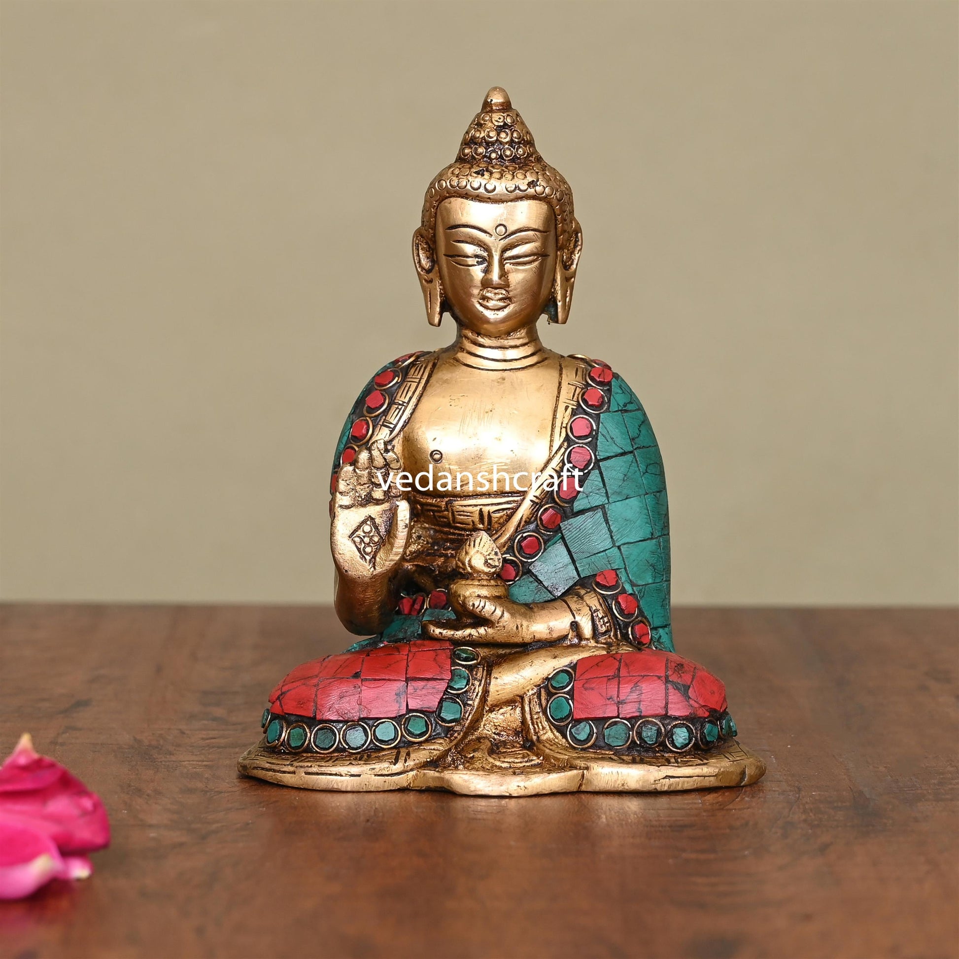 Brass Stone Work Blessing Buddha (5.3 Inch)