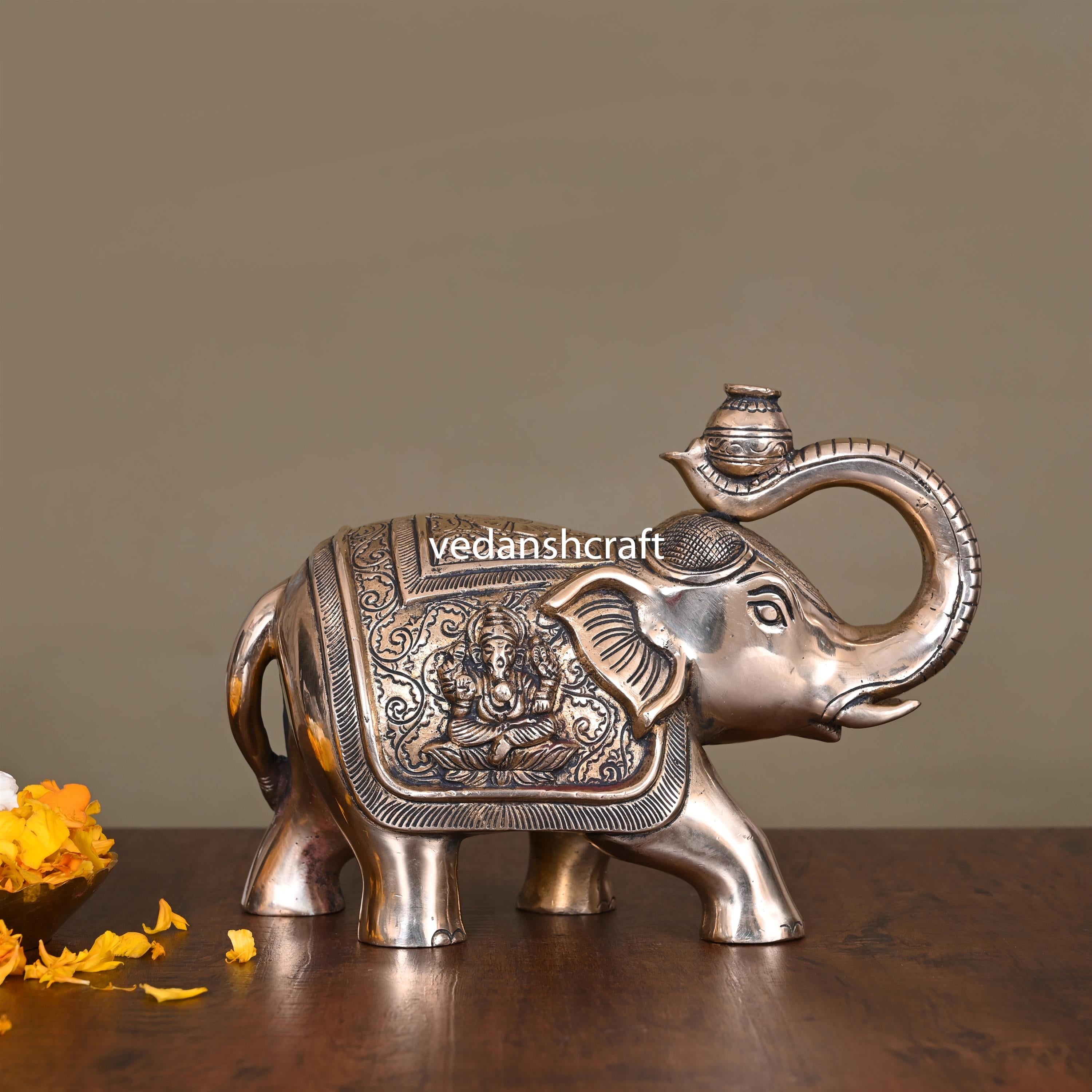 Brass Royal Elephant With Ganesha And Lakshmi Carving (6.5 Inch)