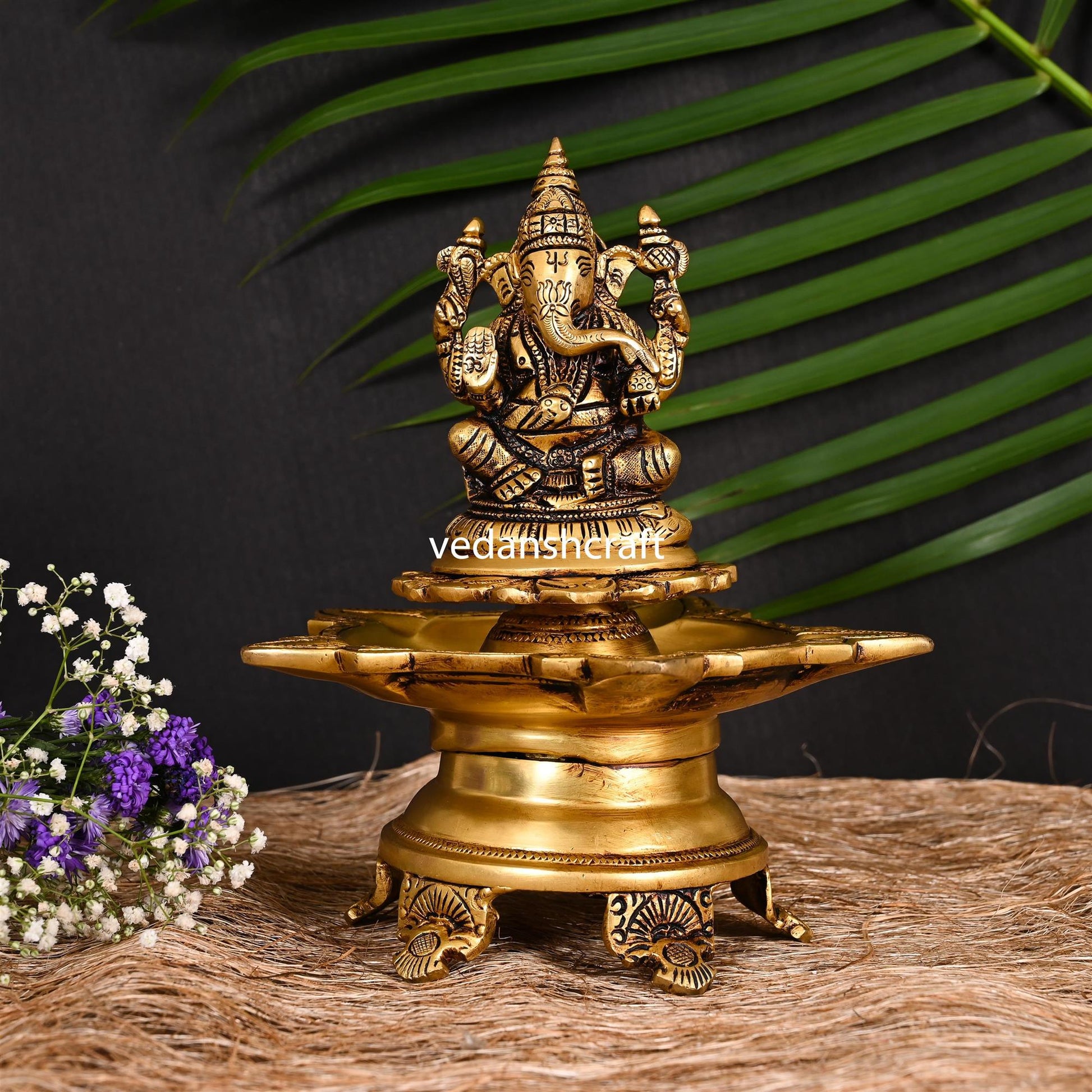 Brass Ganesha Five Petal Diya (9 Inch)