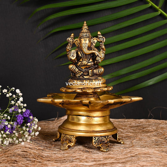 Brass Ganesha Five Petal Diya (9 Inch)