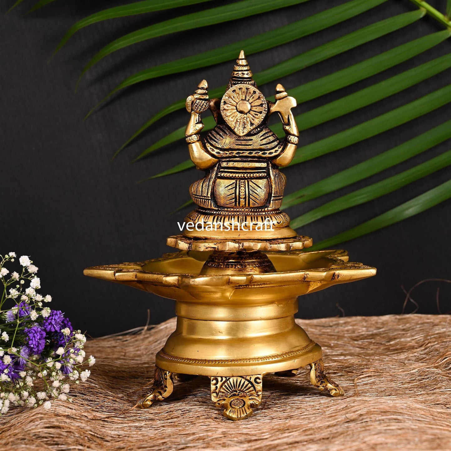Brass Ganesha Five Petal Diya (9 Inch)