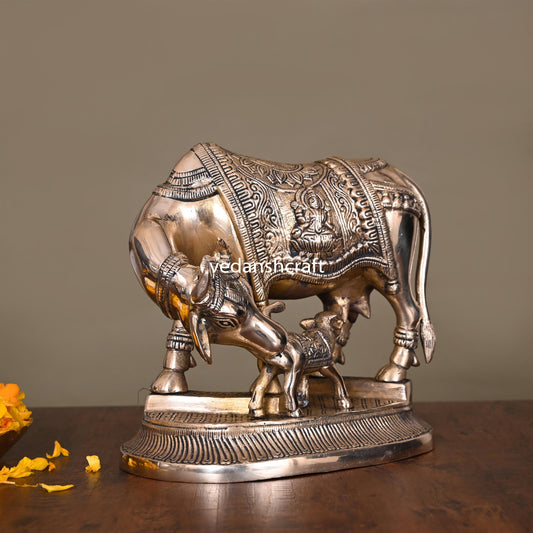 Brass Kamdhenu Cow With Calf Idol (7.2 Inch)