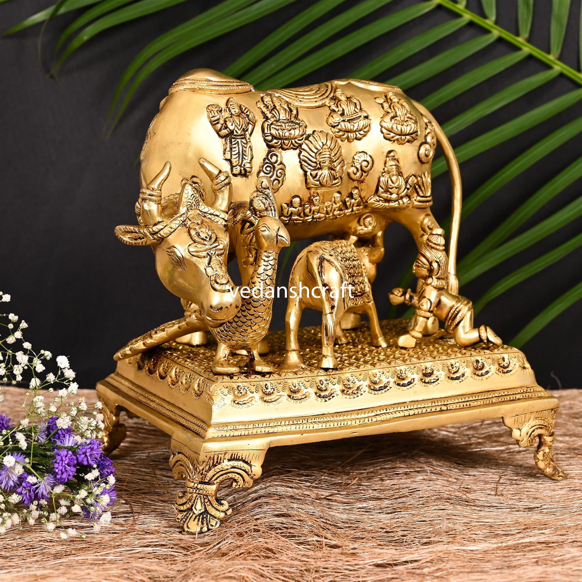 Brass Kamdhenu Cow With Calf & Laddu Gopal Idol (12.5 Inch)