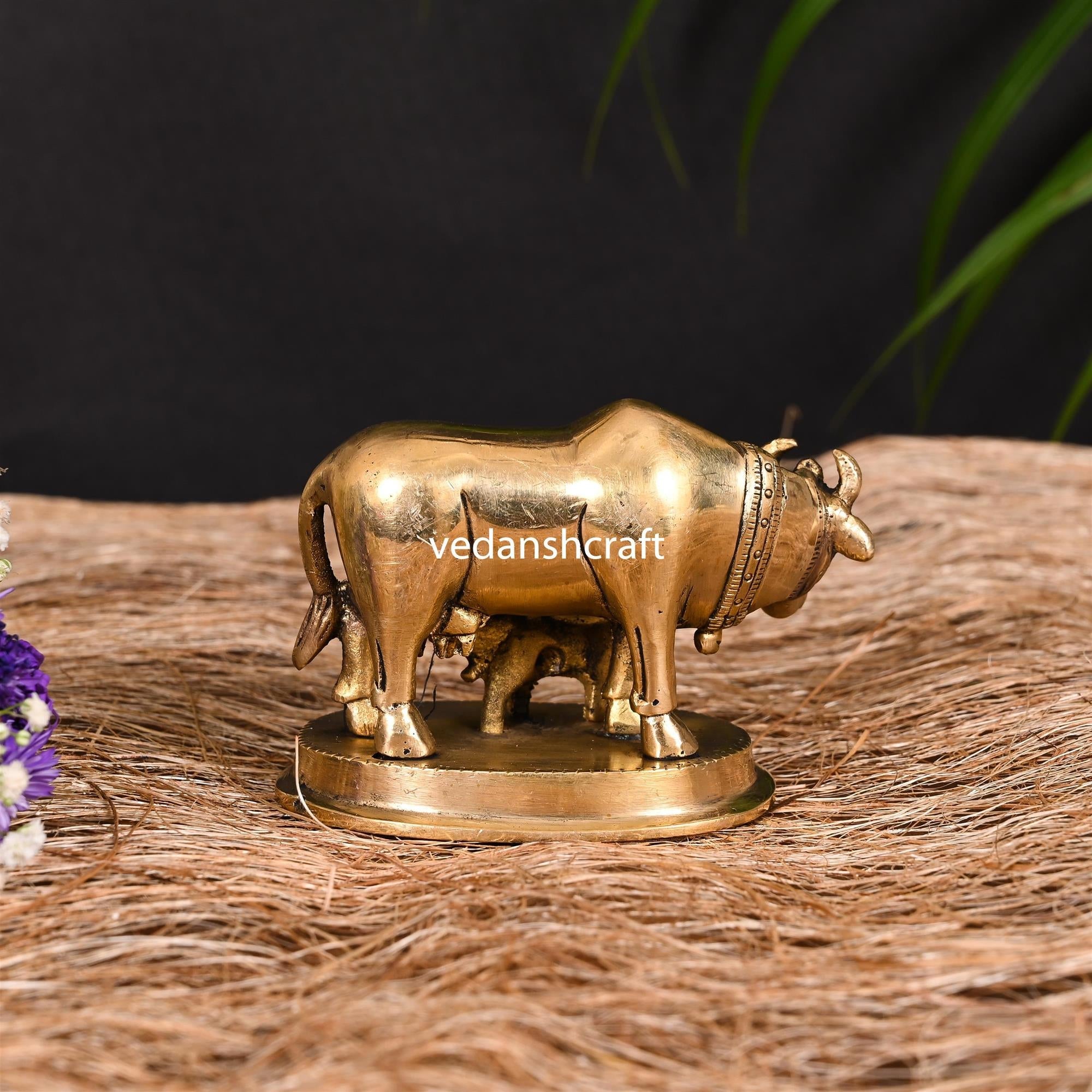 Brass Kamdhenu Cow With Calf Idol