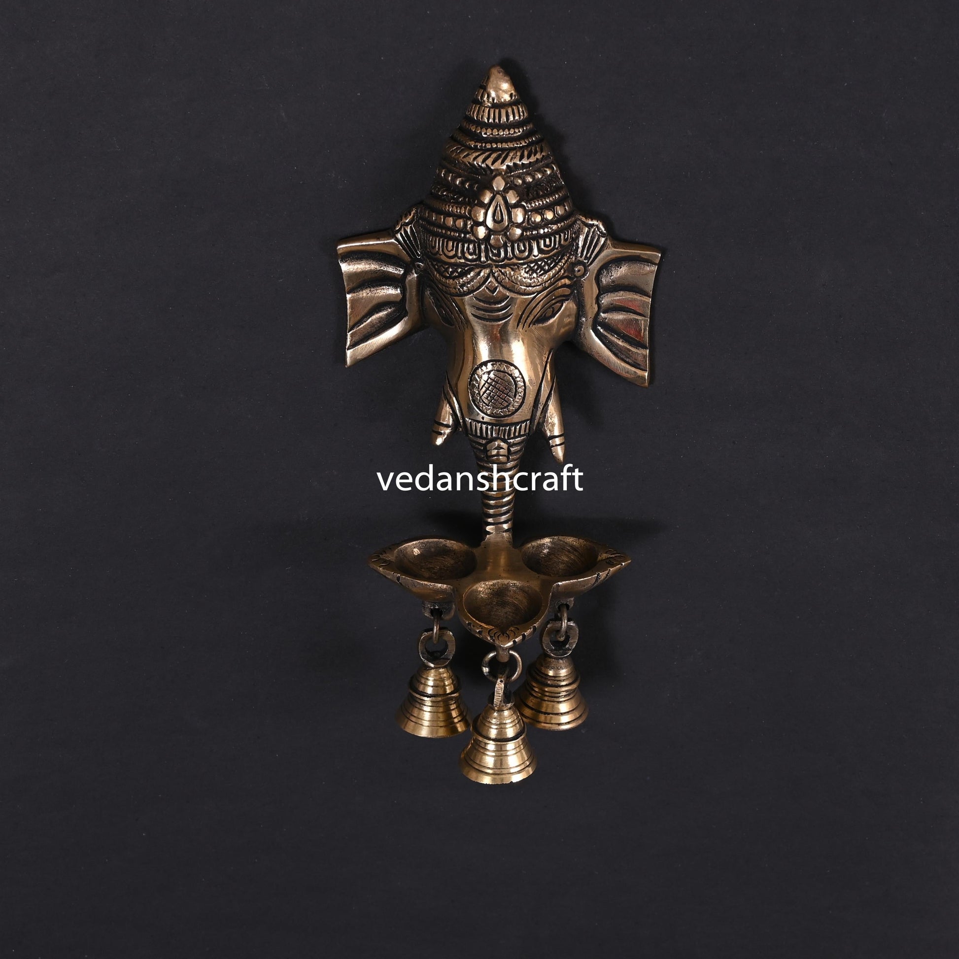 Brass Ganesha With Diya & Bell Wall Hanging (9 Inch)