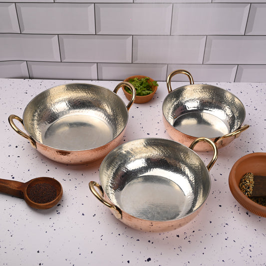 Copper Handcrafted Kadhai Set of Three – Premium Brassware