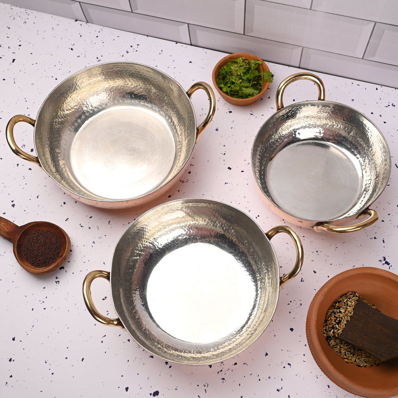 Copper Handcrafted Kadhai Set of Three – Premium Brassware