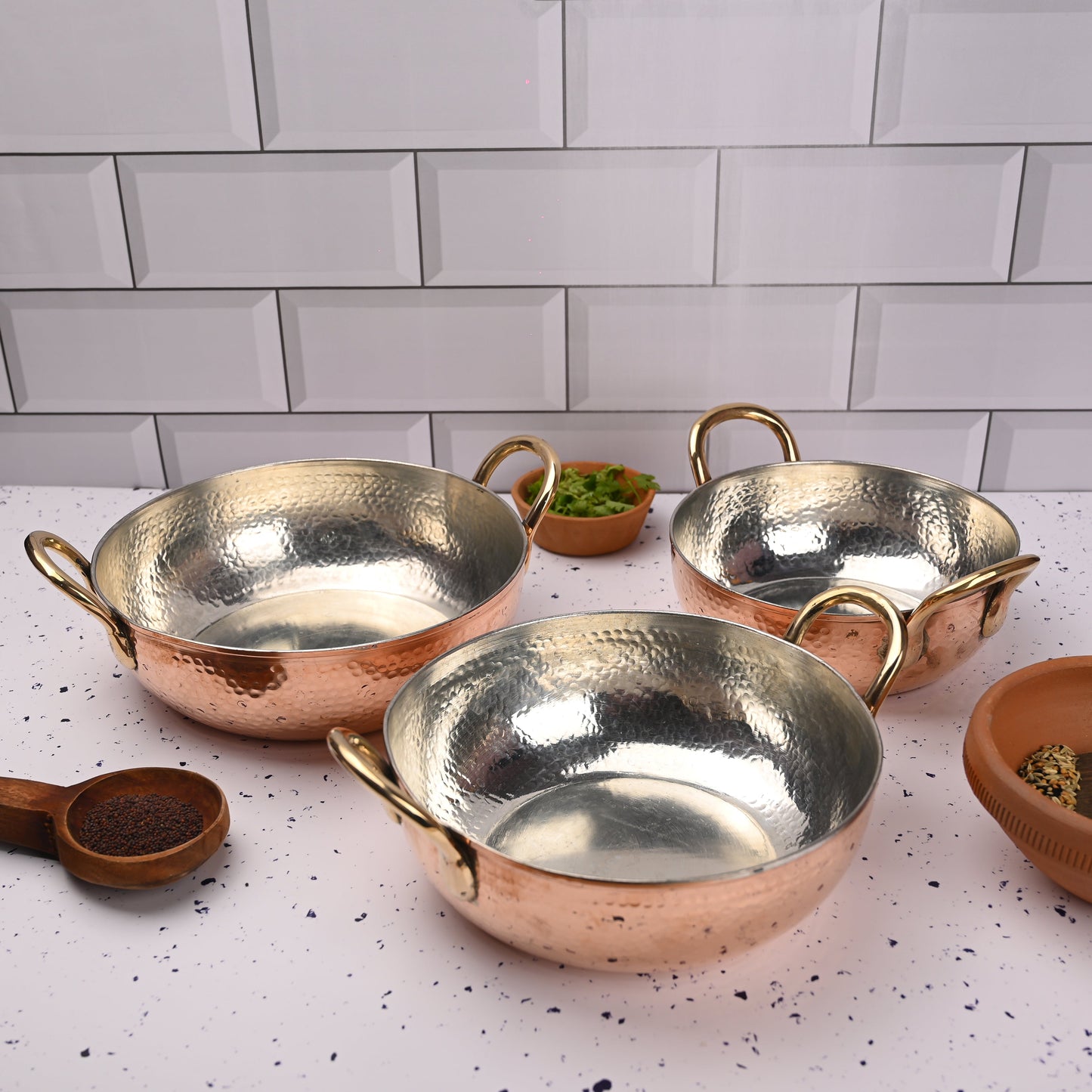 Copper Handcrafted Kadhai Set of Three – Premium Brassware