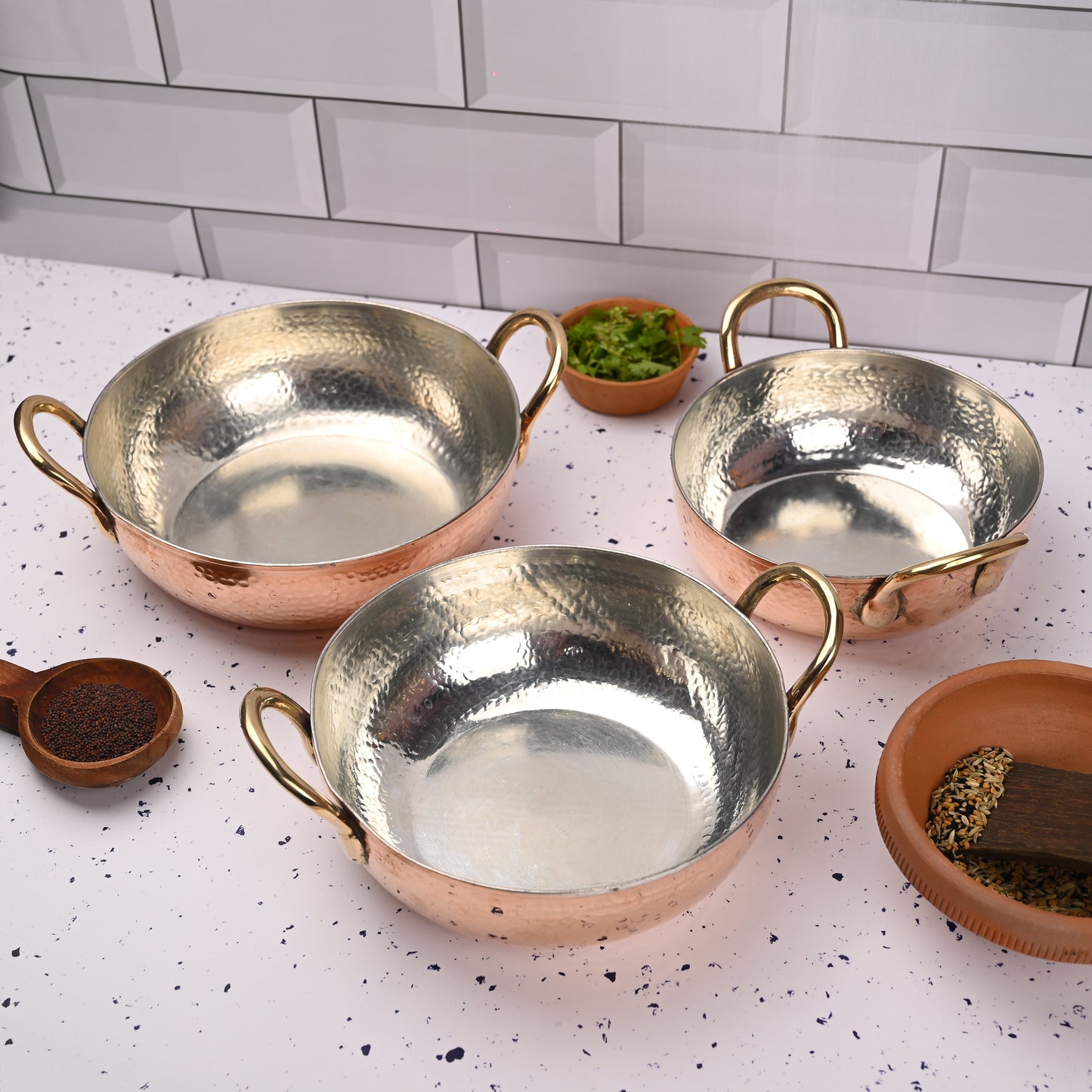 Copper Handcrafted Kadhai Set of Three – Premium Brassware