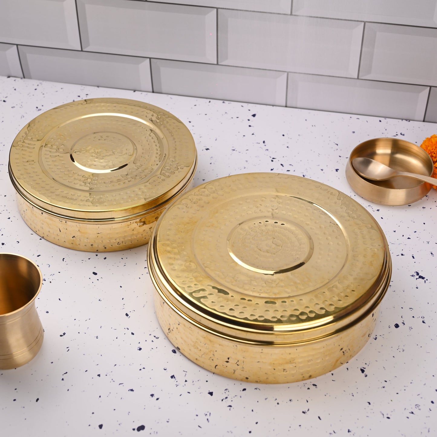 Brass Handcrafted Hammered Chapati/Roti Box Set of Two
