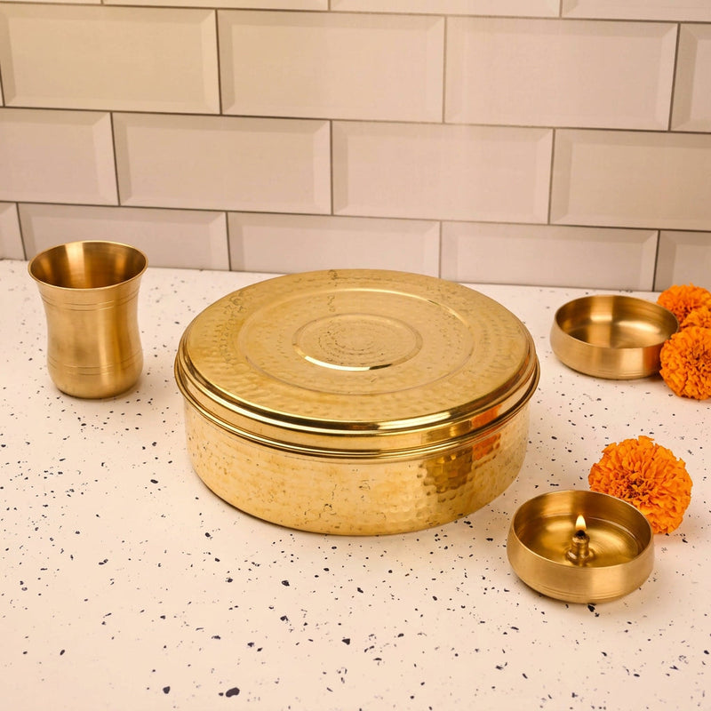 Brass Handcrafted Hammered Chapati/Roti Box Pack of Three (9.4 Inch)