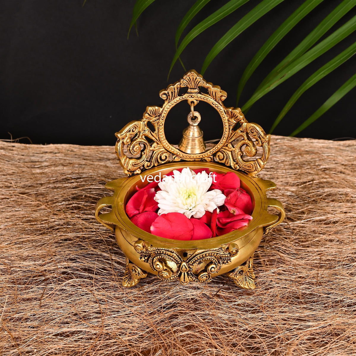 Brass Hand-Carved Urli With Bell (7 Inch)