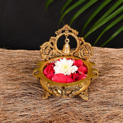 Brass Hand-Carved Urli With Bell (7 Inch)