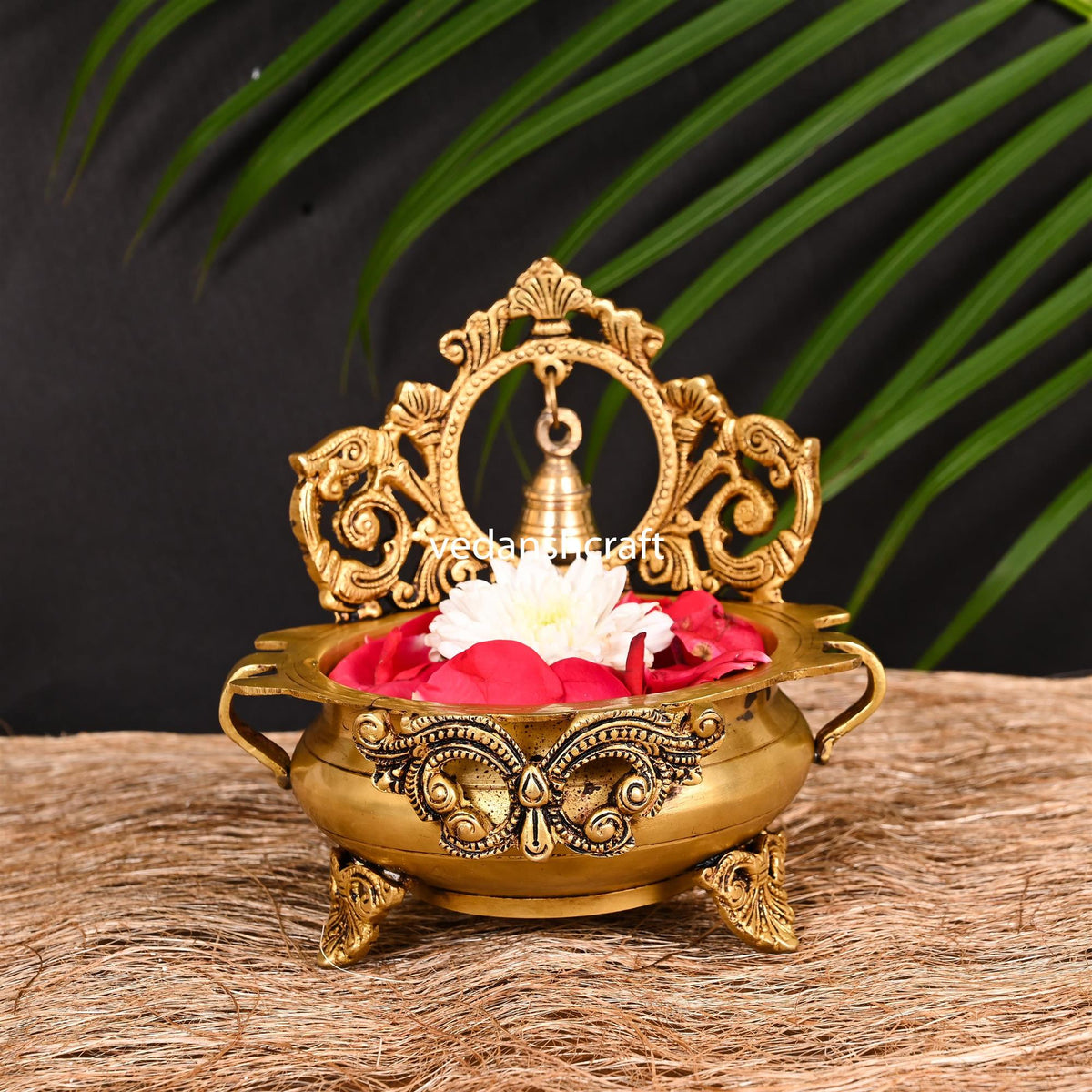 Brass Hand-Carved Urli With Bell (7 Inch)