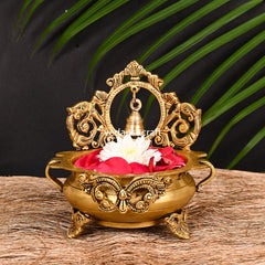 Brass Hand-Carved Urli With Bell (7 Inch)