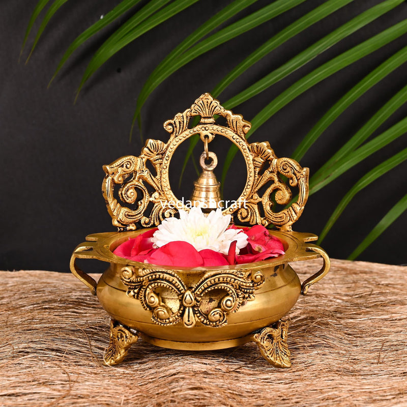 Brass Hand-Carved Urli With Bell (7 Inch)