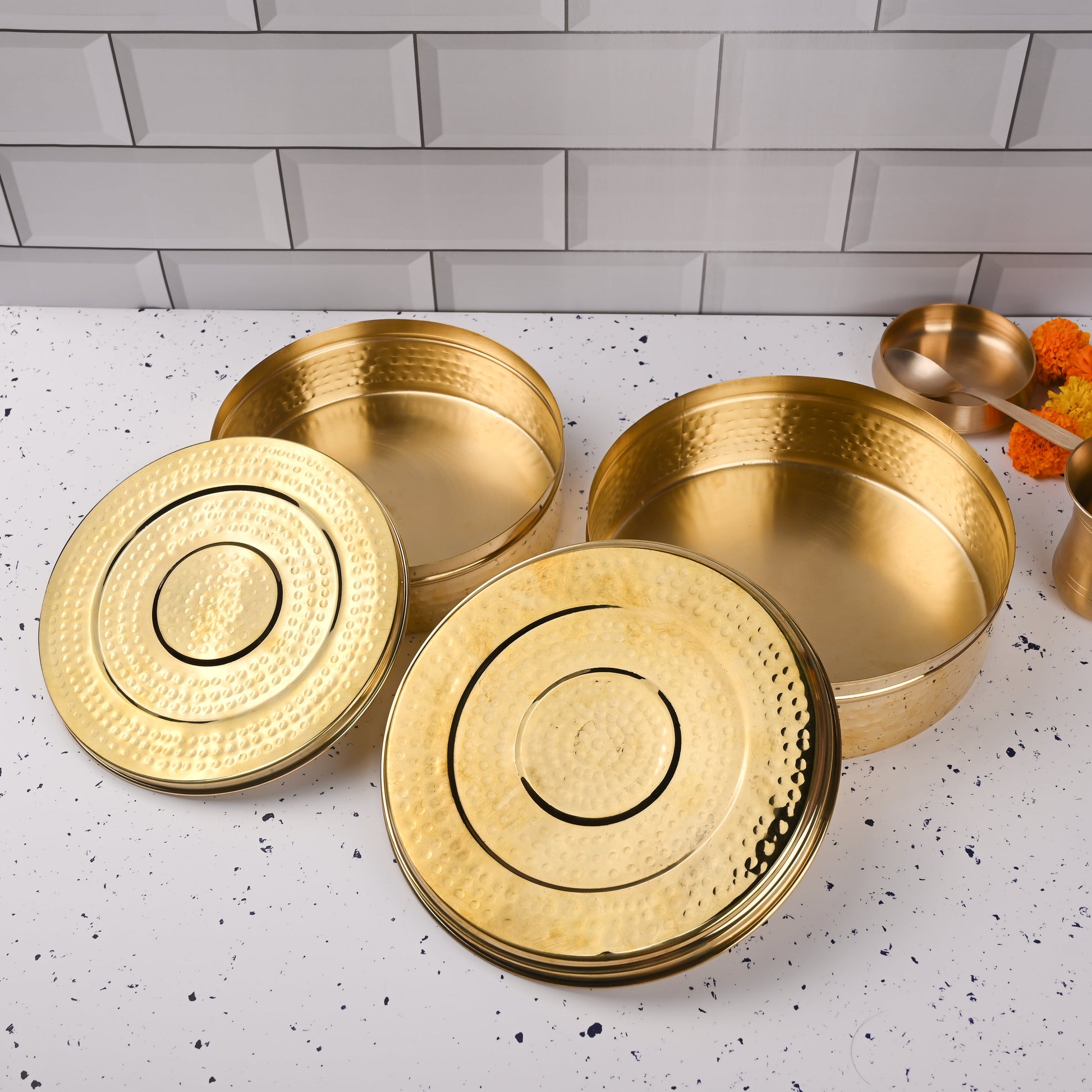 Brass Handcrafted Hammered Chapati/Roti Box Set of Two