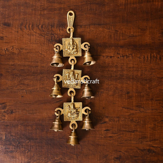 Brass Ganesha, Lakshmi And Saraswati Hanging Bell (12.5 Inch)