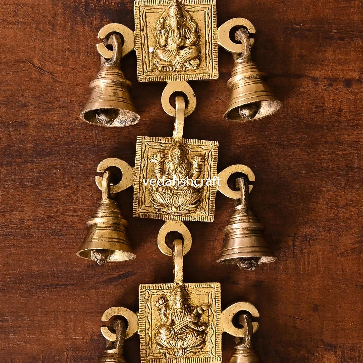 Brass Ganesha, Lakshmi And Saraswati Hanging Bell (12.5 Inch)