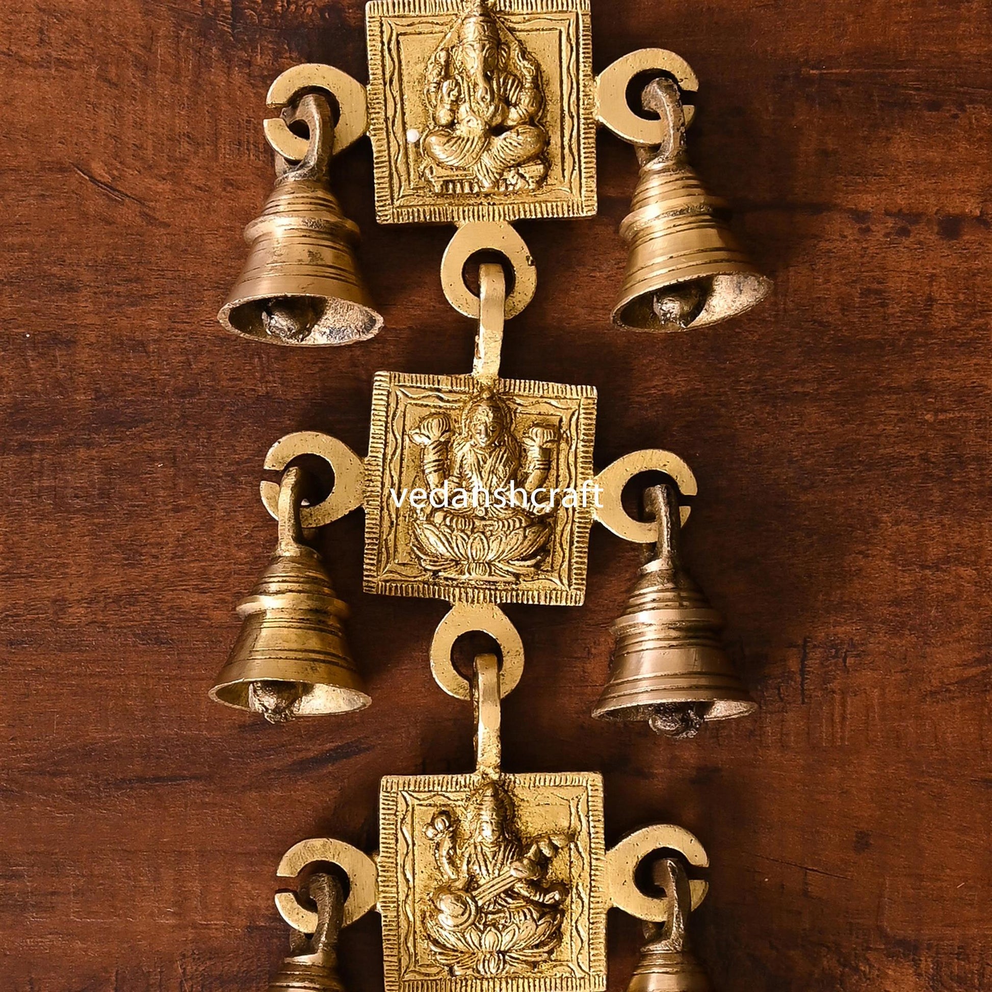 Brass Ganesha, Lakshmi And Saraswati Hanging Bell (12.5 Inch)
