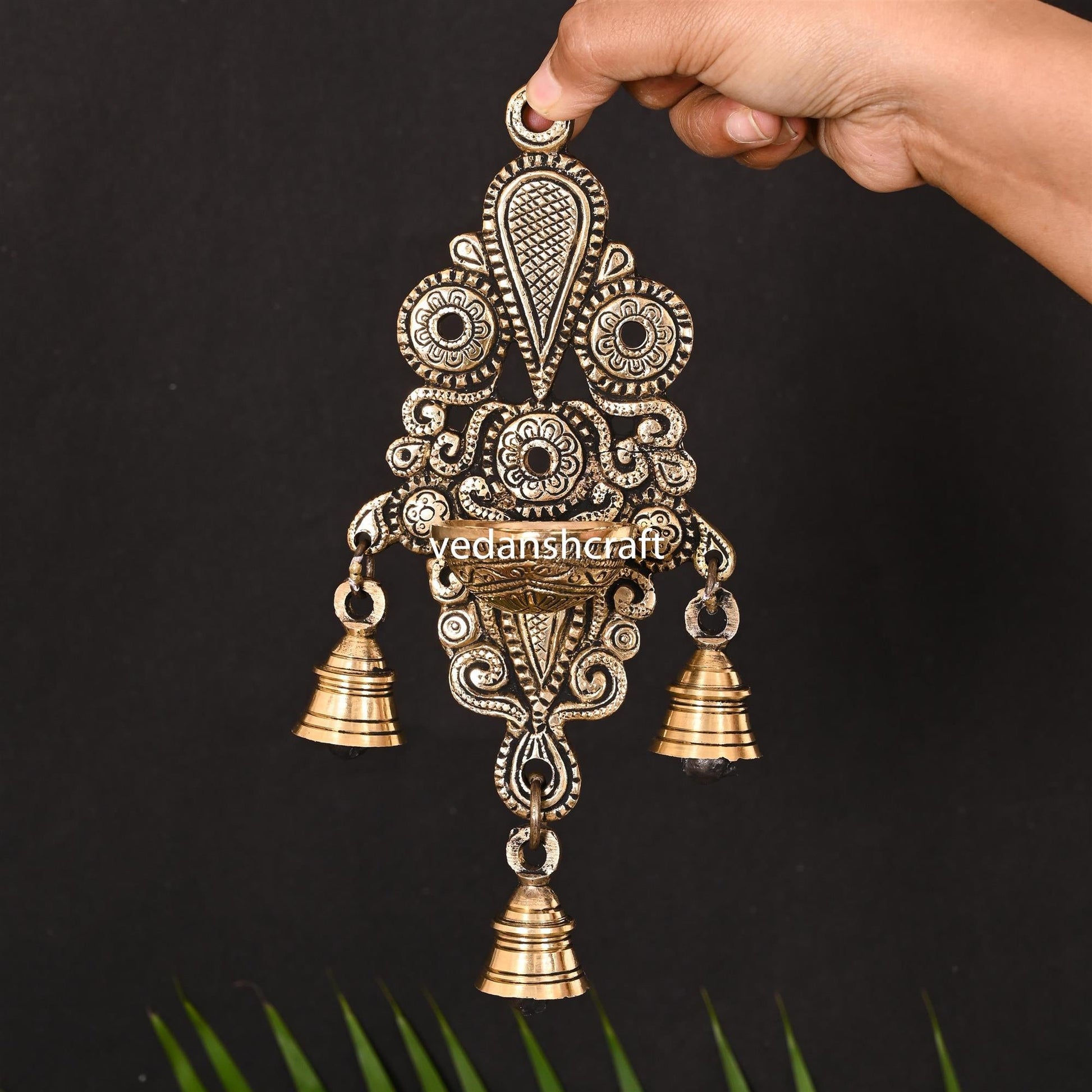 Brass Wall Hanging Diya With Bell (8.5 Inch)