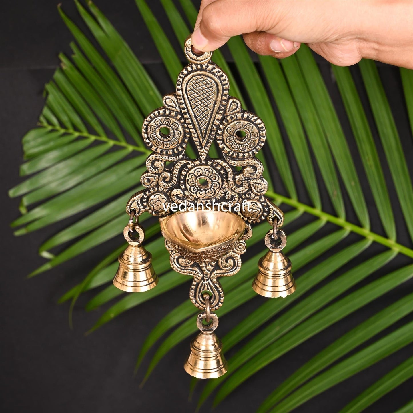Brass Wall Hanging Diya With Bell (8.5 Inch)