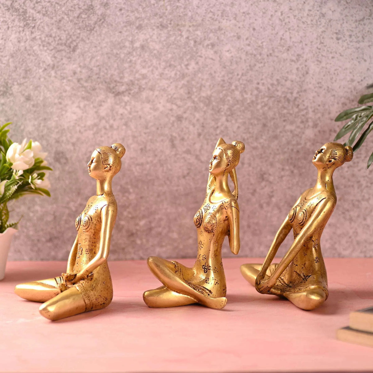 Brass Yoga Lady Figurines Set of Three (7 Inch)